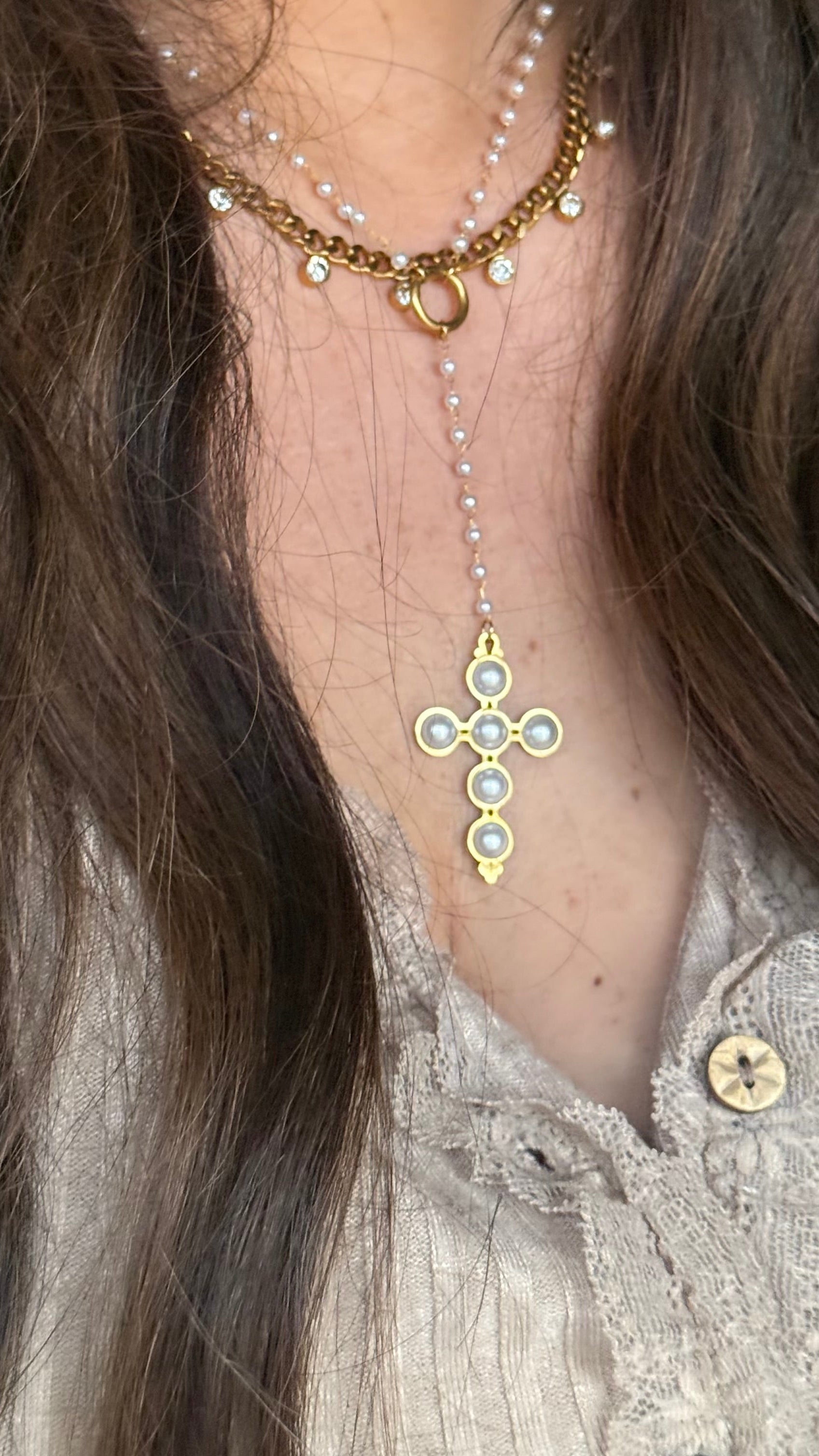 Clara Pearl Cross Necklace