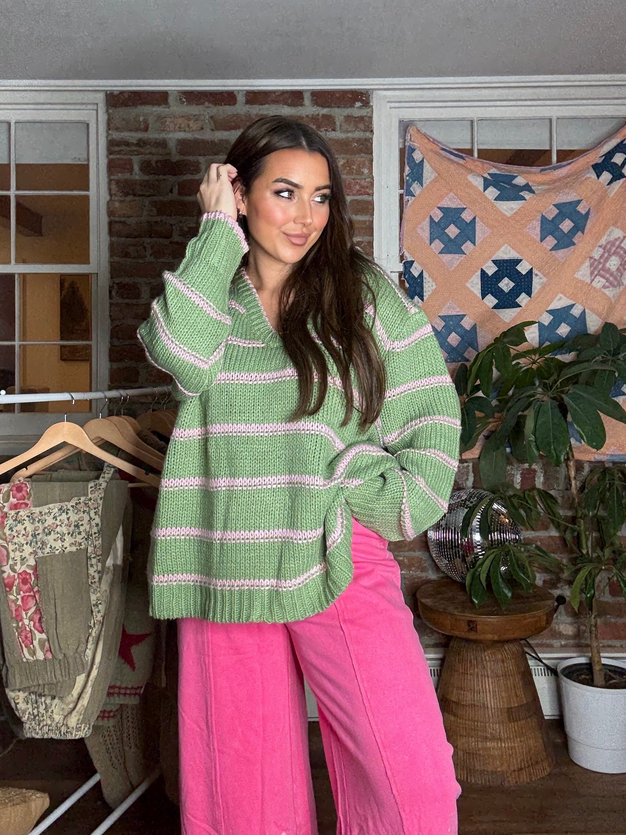 Sage Green and Pink Striped Sweater